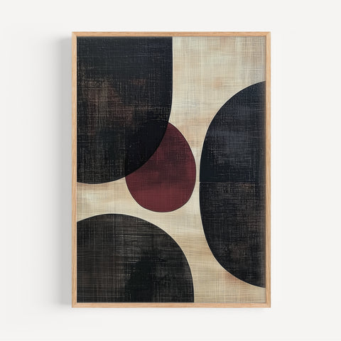 Bold Essence abstract geometric print with black, beige, and red circles, modern Wabi Sabi style