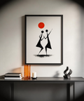 Textured black silhouette print poster of two folk dancers on white