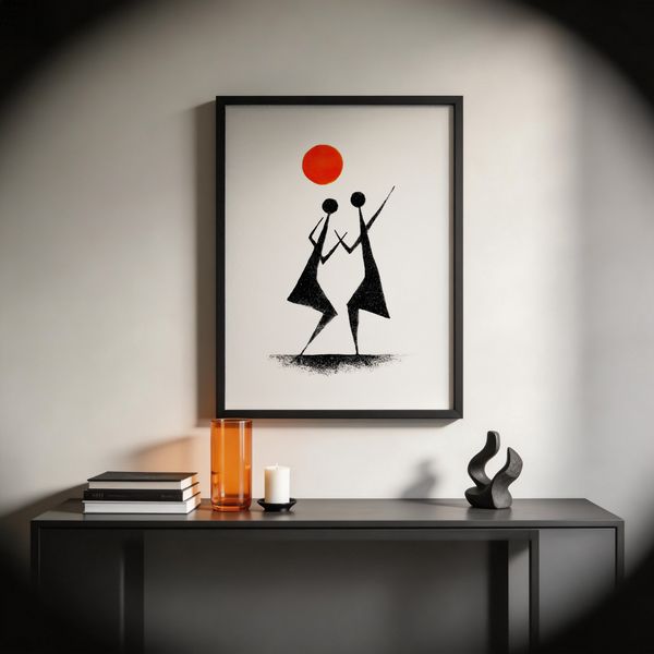 Textured black silhouette print poster of two folk dancers on white