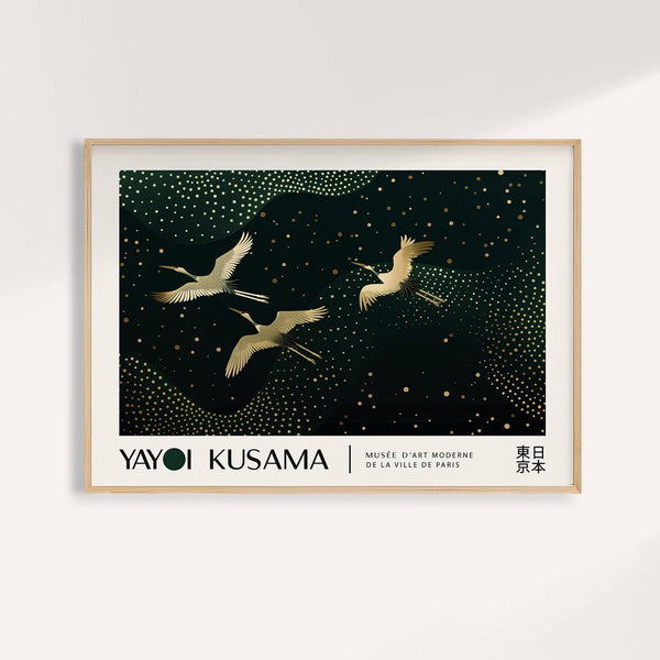 Japanese art print featuring golden cranes in flight