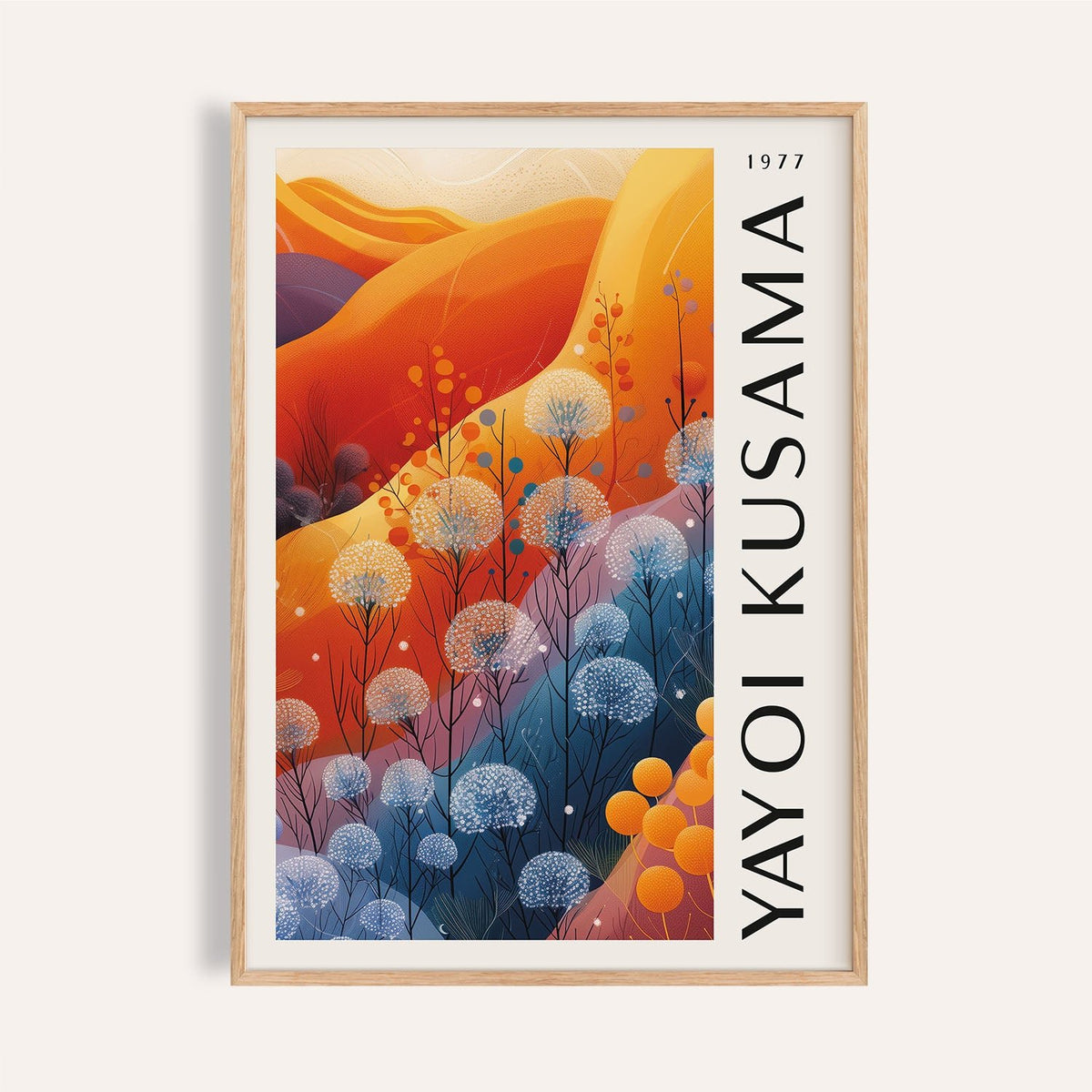 Bold blue orange wall decor with abstract Kusama floral design for living room
