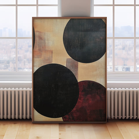 Minimalist abstract geometric print with bold circles in beige, black, and red

