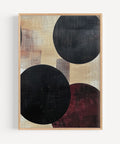 Minimalist abstract geometric print with bold circles in beige, black, and red
