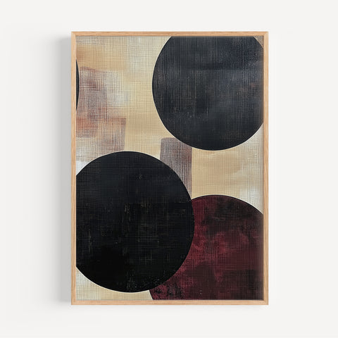 Minimalist abstract geometric print with bold circles in beige, black, and red
