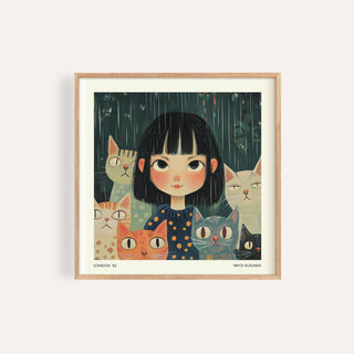Japanese Paintings wall art of a girl with seven colourful cats in an illustration style