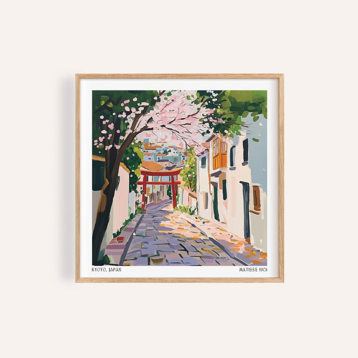 Cherry blossom Kyoto Japan Art print with red torii gate for bedroom decor

