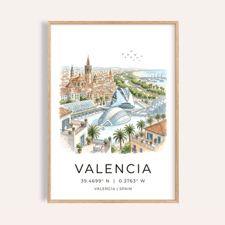 Valencia cityscape wall art poster with modern riverside architecture and marina boats