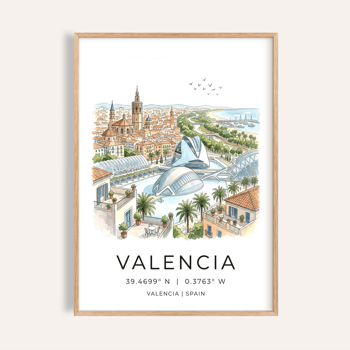 Valencia cityscape wall art poster with modern riverside architecture and marina boats