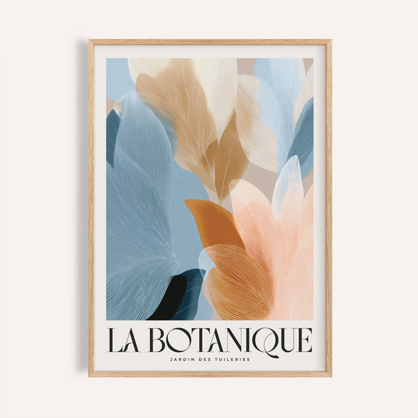 Blue pink wall art with blush and navy botanical leaves