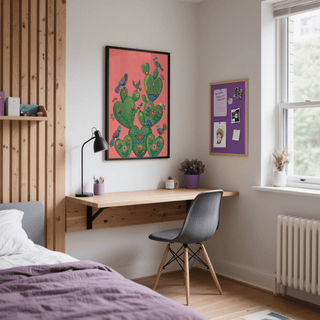 Whimsical Colorful Cactus Art Print with birds for bedroom wall art