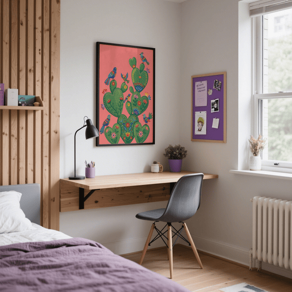 Whimsical Colorful Cactus Art Print with birds for bedroom wall art