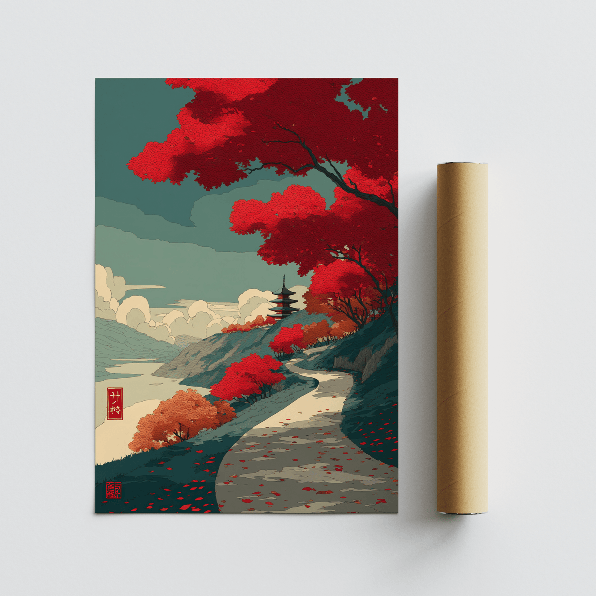 Distant pagoda detail in landscape wall art print above shoreline and clouds