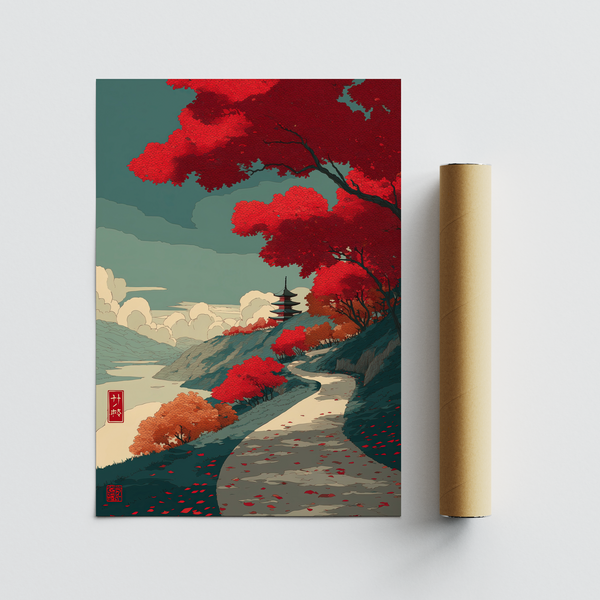 Distant pagoda detail in landscape wall art print above shoreline and clouds