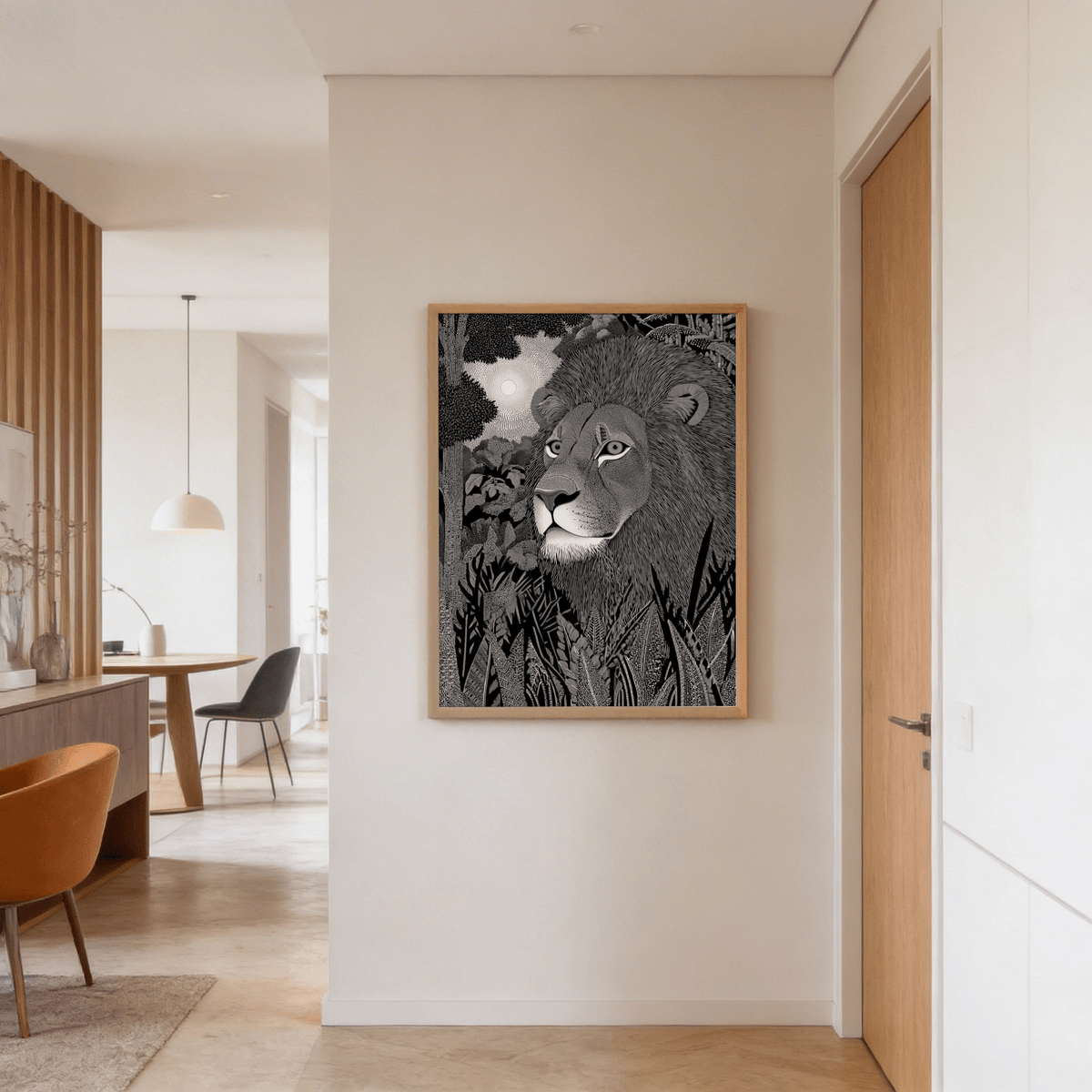 Monochrome lion portrait poster print with intricate line patterns across mane and muzzle