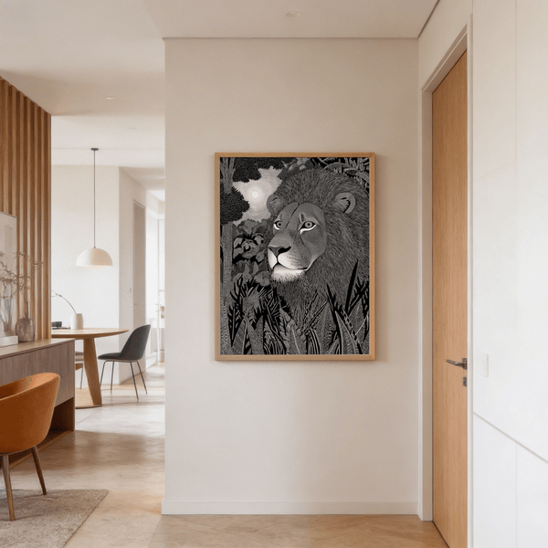 Monochrome lion portrait poster print with intricate line patterns across mane and muzzle