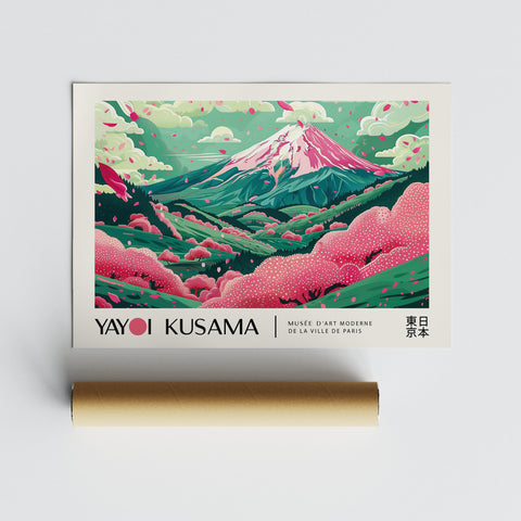 Vibrant pink trees and a serene mountain view captured in Kusama's dotted style.





