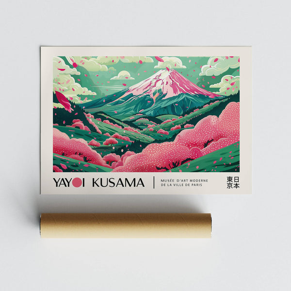 Cherry blossom art with delicate petals and a tranquil mountain view