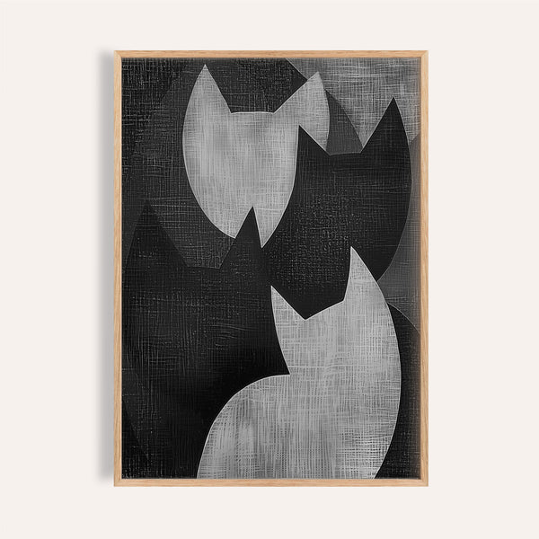 Big cat art with abstract feline silhouettes in black and grey tones