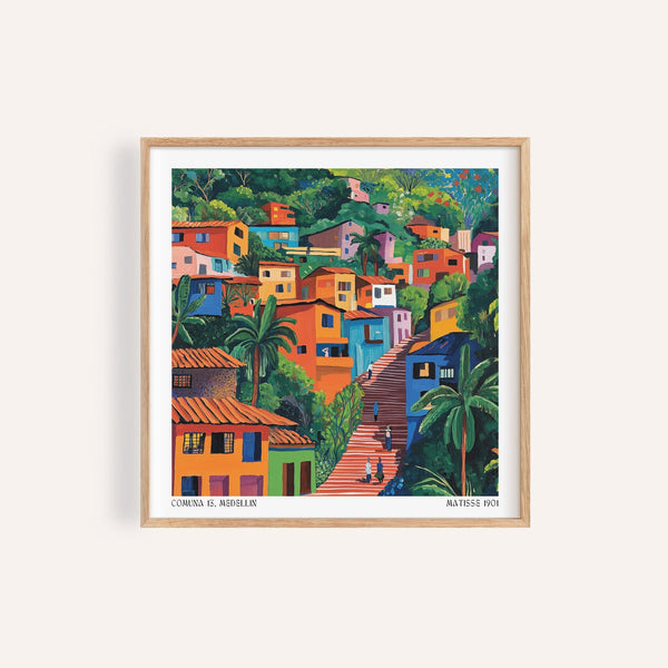 Painted Colombia art print with orange and teal houses for living room decor

