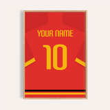 Camiseta de fútbol personalizada - roja con número amarillo y franja en la manga — wooden-frame main image