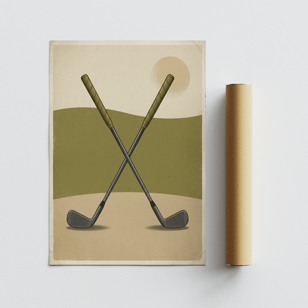 Retro Crossed Golf Clubs Poster depicting crossed irons on a simplified course backdrop