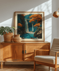 Gallery wall mixing autumn landscapes with misty waterfall piece
