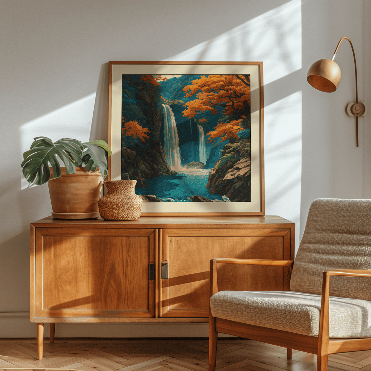 Gallery wall mixing autumn landscapes with misty waterfall piece