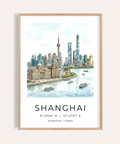 Illustrated Shanghai skyline poster with waterfront buildings and boats