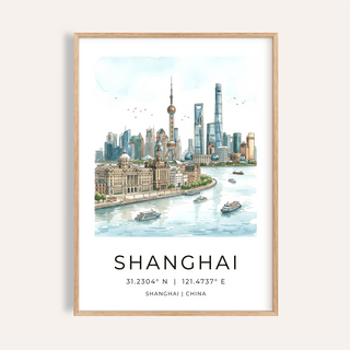 Framed Shanghai City Art Print showing a watercolour illustration of the Shanghai skyline with blue and beige tones