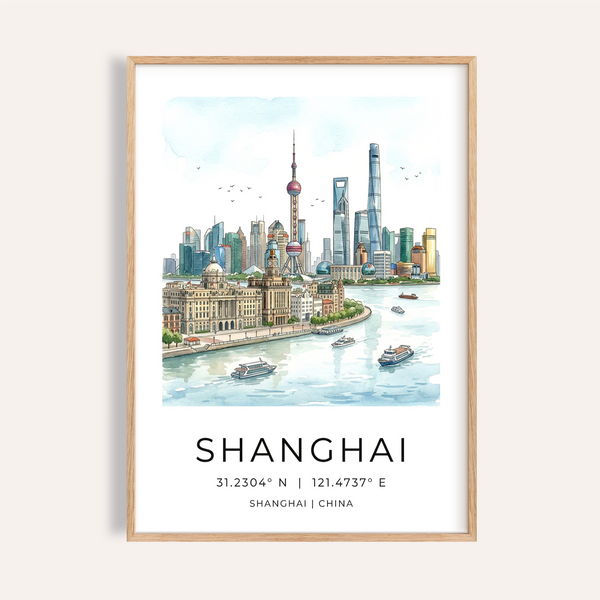 Illustrated Shanghai skyline poster with waterfront buildings and boats