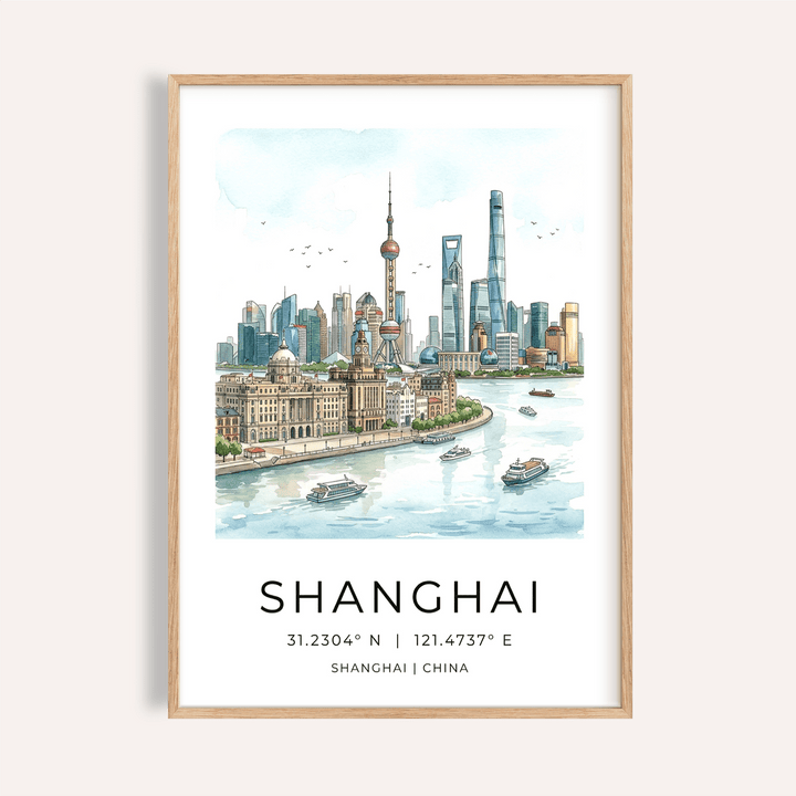 Illustrated Shanghai skyline poster with waterfront buildings and boats