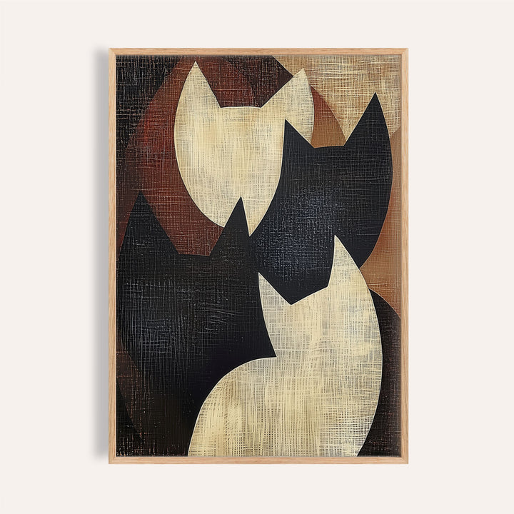 Abstract cat art in beige, black, and rust tones for Wabi Sabi interiors