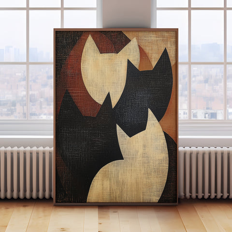 Minimalist Japanese-inspired cat wall art in black, beige, and rust for warm decor

