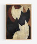 Minimalist Japanese-inspired cat wall art in black, beige, and rust for warm decor
