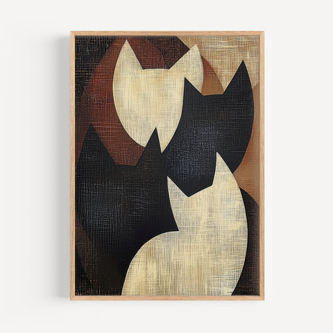 Minimalist Japanese-inspired cat wall art in black, beige, and rust for warm decor
