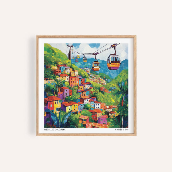 Bright hillside view in Colombia wall art with Medellín cable cars and green valley

