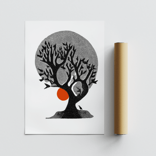 Textured stipple tree wall art print in black, gray, and white with orange detail
