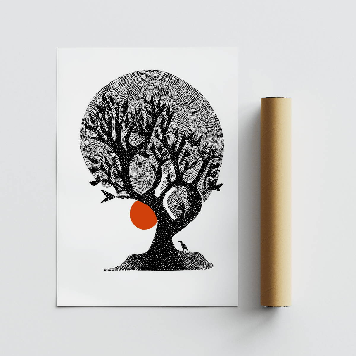 Textured stipple tree wall art print in black, gray, and white with orange detail