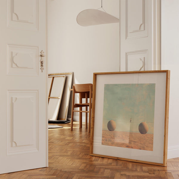 Thought-provoking minimalist artwork with floating geometric shapes