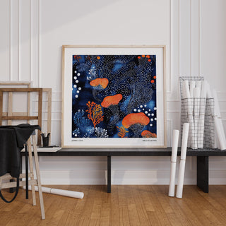 Graphic Abstract Floral Art with Kusama-inspired white dot textures.