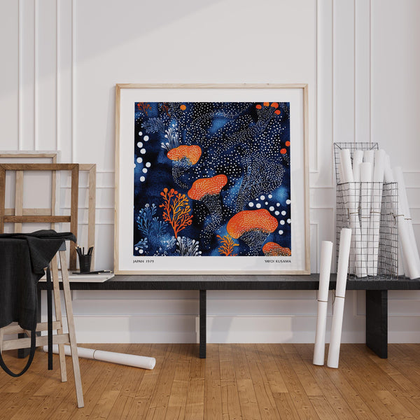 Graphic Abstract Floral Art with Kusama-inspired white dot textures.