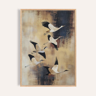 Birds Flying wall art of flying cranes with beige and dark brushstroke background