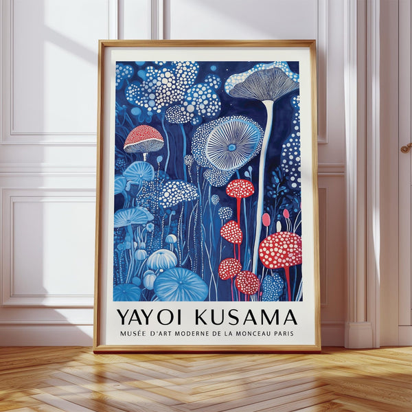 Blue forest mushroom art print with delicate white spore detailing.