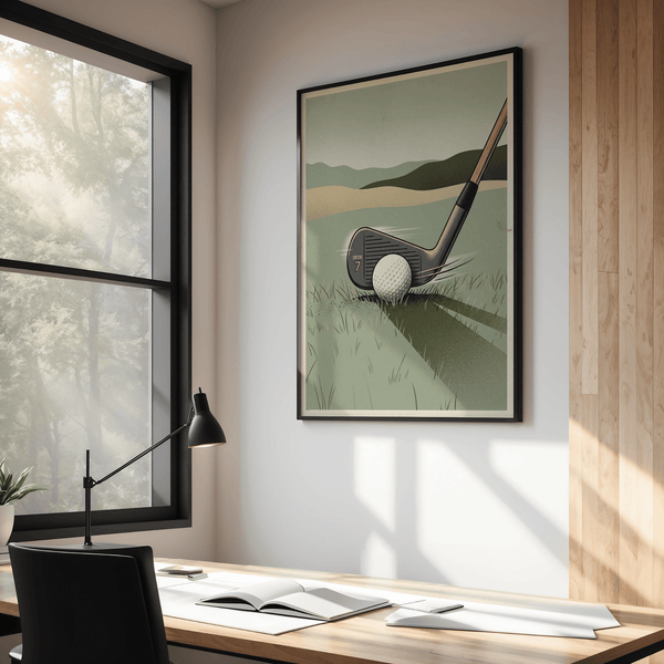 Minimalist golf poster featuring Golf Iron Seven Print with iron 7 marking and layered hills