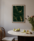 Japanese inspired bird art featuring three cranes mid flight