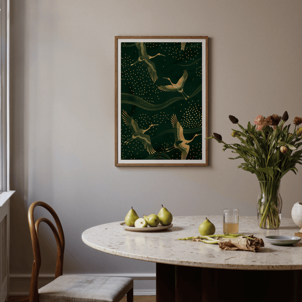 Japanese inspired bird art featuring three cranes mid flight