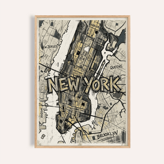 Framed print close-up of New York Map Art showing an abstract illustration with beige and black colours