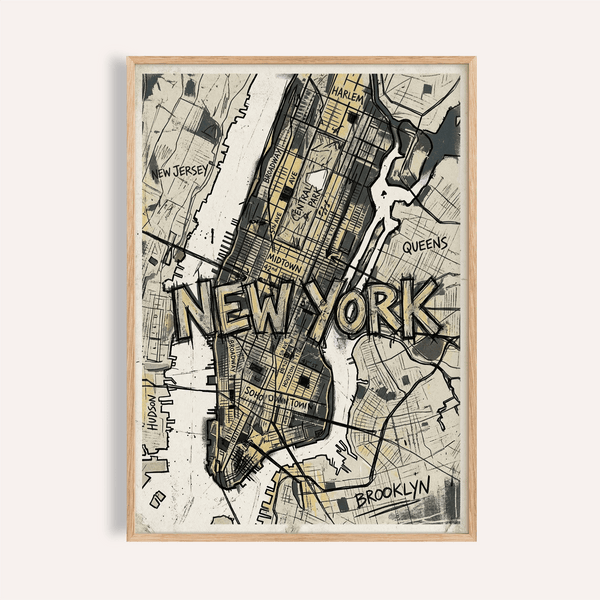 Illustrated New York Map Art poster showing Manhattan street grid and bold NEW YORK lettering