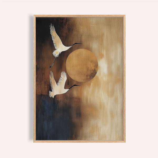 Neutral living room wall art featuring Japanese cranes