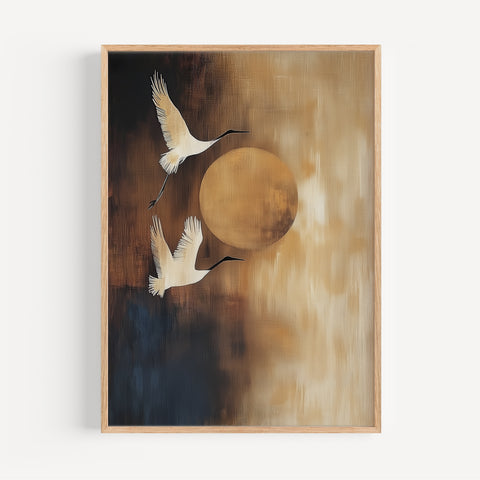 Minimalist birds and moon poster in warm tones